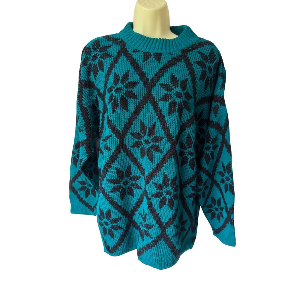 Vintage 80s 90s Retro Sweater Size 20W Blue Black Snowflake Print